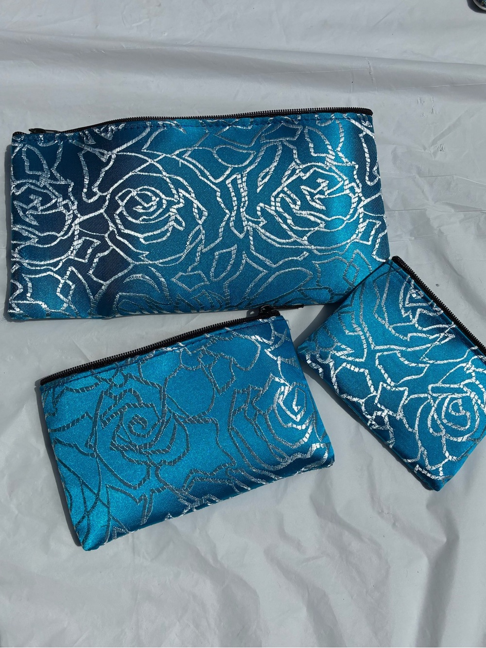 3-Piece Bag Set Turquoise Blue Metallic Silver Rose